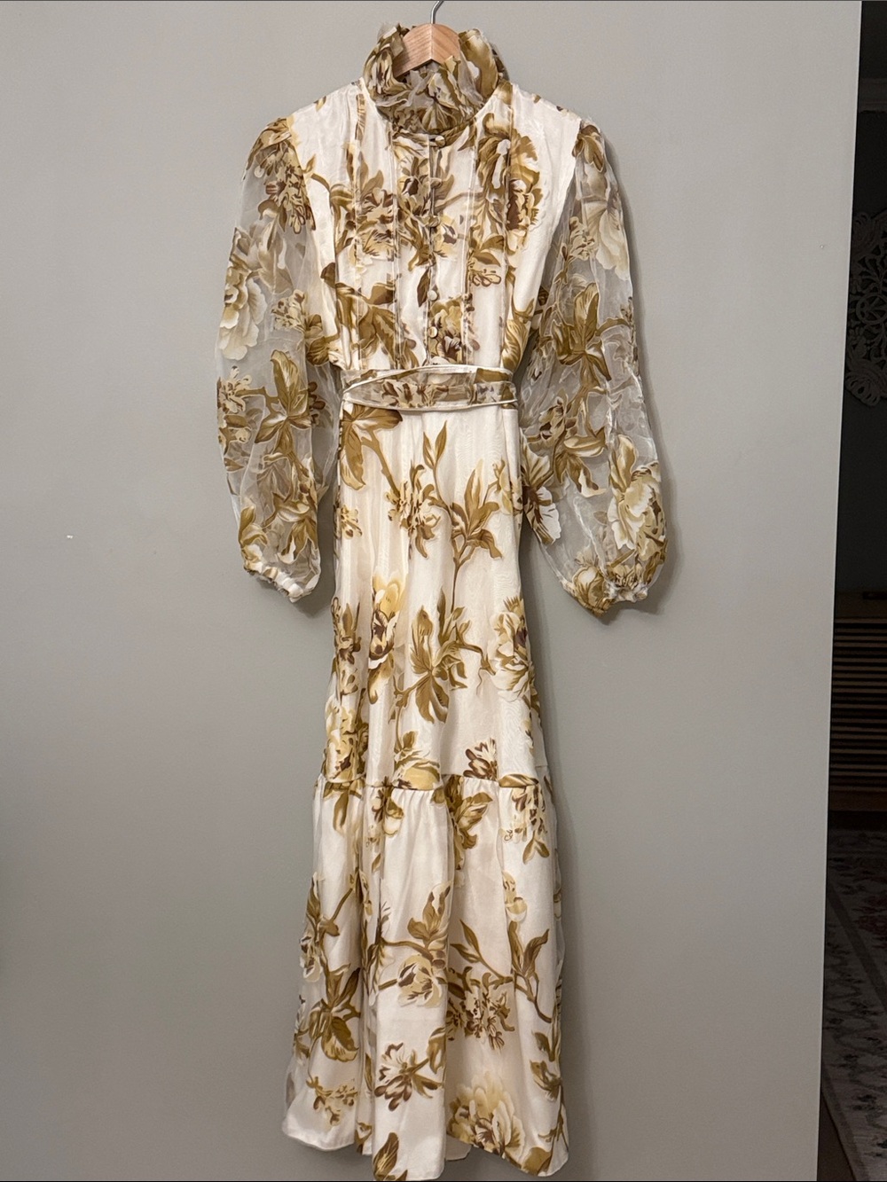 Sue Sartor Flounce Dress Vintage Lily Print High Neck Tiered Puff Sleeve XL